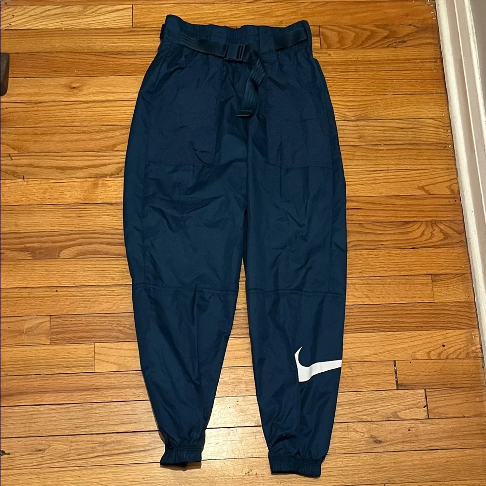 Nike Track Pants Teal Blue Polyester Joggers White Swoosh Elastic Cuffs